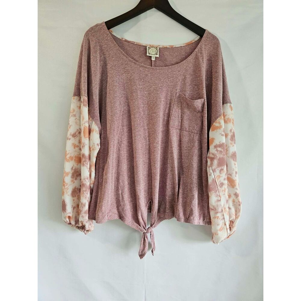 Tru Self 1X Mauve Boho Tie Dye Sleeve Tie Front Top